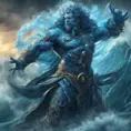 A celestial Blue-skinned God of the Seas, Storms, and Exploring emanating power of the seas, wearing half-leather, shrouded in storms in the style of digital art, 8k, Fantasy