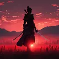 Silhouette of a samurai female assassin on a batte field. Sky is colored by a red sun set., 8k, Dystopian, Trending on Artstation, Volumetric Lighting