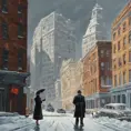 The scene in Hitchcock movie Vertigo, winter, Gouache painting, Highly Detailed, Intricate Details, Trending on Artstation, Winter, Sharp Focus, Gouache Painting by Greg Rutkowski