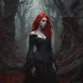 Red haired vampire in a haunted forest, Highly Detailed, Intricate, Gothic, Volumetric Lighting, Fantasy, Dark by Stanley Artgerm Lau