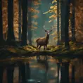 A deer among the trees, forest lake, moss, cold weather, dark teal and amber, Cinematic Lighting, Volumetric Lighting