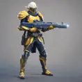 Full body of a high elf sci fi soldier wearing heavy sci fi elven armor, navy blue and yellow and white armor and helmet, visor, boots, male, holding a light machine gun, 8k, Sci-Fi, Fantasy