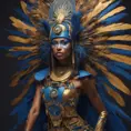 A tan skin Mayan queen all blue and gold elaborate outfit, with huge headpiece center piece, blue/gold makeup with oversized headdress with long bird feathers, with depth of field, fantastical edgy and regal themed outfit, Minimalism, Vibrant Colors, Fantasy