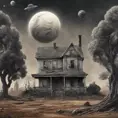 a realistic scene, an old home from the 1930's. The background is a planet that is on the edge of collapse. The skies are grey, the trees are barren. it is very depressing. a rocket ship is launching and leaving the earth, Sci-Fi, Fantasy, Dark