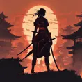 Silhouette of a samurai female assassin in the style of Fire watch, 8k, Dystopian, Trending on Artstation, Volumetric Lighting