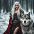 Lady of the Wild Hunt in action. Attractive slender woman with long white hair, emerald green eyes, red lips. Fierce expression. Dressed in viking dress. Frost on the ground. Standing next to large aggressive wolf., Full Body, Photo Realistic