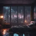 Beautiful cozy bedroom with floor to ceiling glass windows overlooking a cyberpunk city at night, thunderstorm outside with torrential rain, High Resolution, Highly Detailed, Darkwave, Gloomy