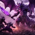 War in mystical realms; fantasy photorealistic rendering; ancient civilization;  valiant heroes vs ominous purple devil., 8k, Fantasy