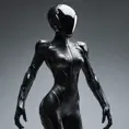 An ultrarealistic photograph of a minimalist futuristic full body power suit, without lights, made of black mate metal and polymer, full crystal hull, for a fit imposing woman, 8k, Dystopian, Modern, Minimalism, Elegant, Dark