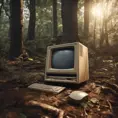 Retro Macintosh desktop computer abandoned in the woods, shot on leica, Unreal Engine, Dynamic Lighting, Volumetric Lighting