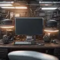 A dark industrial wood desk, with very monitors,very electronic, maximalism, industrial, high tech, ambient occlusion, atmospheric haze, Photo Realistic, Volumetric light effect, Octane Render, Unreal Engine, Wide-angle lens, Ambient Occlusion