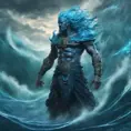 A celestial Blue-skinned God of the Seas, Storms, and Exploring emanating power of the seas, wearing half-leather, shrouded in storms in the style of digital art, 8k, Fantasy