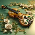 Vintage violin decorated all around with three-dimensional flowers and leaves in green and gold colors, beautiful and pleasant lighting, 8k, Intricate Details, Natural Light