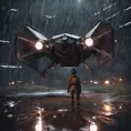 Digital art of a female TIE fighter pilot in the mud and rain on a landing pad at night, Unreal Engine, Volumetric Lighting