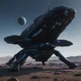 Entire black Spaceship, from side, in an alien planet with dark blue background, Highly Detailed, Unreal Engine