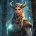 Closeup of a beautiful female viking in a magical forest, 4k, Highly Detailed, Masterpiece, Pretty Face, Digital Illustration, Cinematic Lighting, Realistic, Sharp Focus, Centered, Beautifully Lit, Bioluminescent by Stanley Artgerm Lau