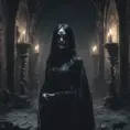 Female ghost with raven hair and black eyest in a creepy castle at night, 8k, Dystopian, Dark