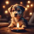 Epic shot of ultra cute puppy in a warm cozy evening candle lit atmosphere, Digital Painting, Photo Realistic, Sharp Focus