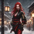 Mysterious beautiful kunoichi ninja wearing black, red, and gold jewelry in the streets of a dark snowy town in russia, 8k, Intricate Details, Trending on Artstation, Red Hair by Stanley Artgerm Lau, WLOP