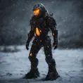 A alien soldier monster, distant full body portrait in a landscape, wearing black white orange lights, during a snow storm,,,ice, cold, dark lighting, depth of field, in a cold snowstorm, outdoors, night,, Intricate Details