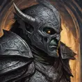 A close up of an orc wearing a helmet, ornate dramatic bat wing helmet, digital 2d fantasy art, intricate armor, face of an armored villian, Highly Detailed, Symmetrical Face, Dark Souls, Concept Art, Fantasy, Dark by Alex Grey, Dan Mumford