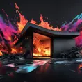 A modern home designed by Zara Hadid, Black Background, Fire and Ice, Splatter, Black Ink, Liquid Melting, Dreamy, Glowing, Glimmer, Shadows, 8k, Highly Detailed, Smooth, Vibrant Colors, Ominous