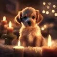 Epic shot of ultra cute puppy in a warm cozy evening candle lit atmosphere, Digital Painting, Photo Realistic, Sharp Focus