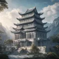 A gorgeous Chinese - style high - rise villa stands in the valley, luxurious majestic silver - grey blue antique palace, 8k, HD, High Definition, Trending on Artstation, Soft Lighting