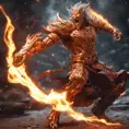 "legendary fire god" fighting "legendary lightening god", combat scene action, 8k, Intricate Details, Trending on Artstation, Sci-Fi, Unreal Engine, Volumetric Lighting