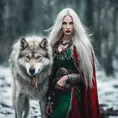 Lady of the Wild Hunt in action. Attractive slender woman with long white hair, emerald green eyes, red lips. Fierce expression. Dressed in viking dress. Frost on the ground. Standing next to large aggressive wolf., Full Body, Photo Realistic