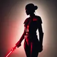 Portrait of a silhouette star wars figure in her red lightsaber, in the style of evocative environmental portraits, dark, red, Sci-Fi, Volumetric Lighting