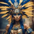 A tan skin Mayan queen all blue and gold elaborate outfit, with huge headpiece center piece, blue/gold makeup with oversized headdress with long bird feathers, with depth of field, fantastical edgy and regal themed outfit, Minimalism, Vibrant Colors, Fantasy