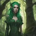 Green haired half-elf in a haunted forest, Highly Detailed, Intricate, Gothic, Volumetric Lighting, Fantasy, Dark by Stanley Artgerm Lau