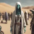 Very slim and tall female alien creature merchant on a desert un the market of a alien planet, suspicious look, hooded, selling caged alien vermin, western shot, Hyper Realistic