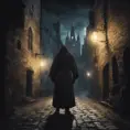 spooky medieval english street, night, ghostly monk standing, Gothic and Fantasy, Dark