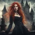 Red headed witch with shimmering hair and magical aura in a haunted castle, Gothic and Fantasy