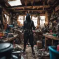 Wide angle Environmental shot of ninja assassin in a cluttered and messy shack, chaotic shack in background, maxilism, Darkwave, Photo Realistic, Sharp Focus, Vibrant Colors