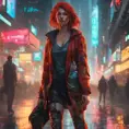 full body shot, beautiful woman walking with beatiful and detailed eyes, dynamic pose, slightly athletic beatiful body, medium-sized chest, detailed attire, Hyper Detailed, Intricate Artwork, Masterpiece, Cybernatic and Sci-Fi, Cyberpunk, Freckles, Full Lips, Red Hair, Smiling, Digital Illustration, Cityscape, Blade Runner 2049, Neon light effect, Realistic, Sharp Focus, Wide Angle, Neon, Dripping Colors, Matte, Futurism, Artwork, Dieselpunk, Colorful, Dynamic, Elegant, Expressive, Graceful, Hot, Gloomy, Sad, Stormy, Terrifying, Tired