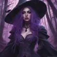 Purple haired witch in a haunted forest, Highly Detailed, Intricate, Gothic, Volumetric Lighting, Fantasy, Dark by Stanley Artgerm Lau