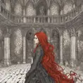 Woman with draconian traits and red hair in a haunted castle, Intricate Details, Fantasy