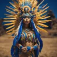 A tan skin Mayan queen all blue and gold elaborate outfit, with huge headpiece center piece, blue/gold makeup with oversized headdress with long bird feathers, with depth of field, fantastical edgy and regal themed outfit, Minimalism, Vibrant Colors, Fantasy