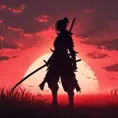 Silhouette of a samurai female assassin on a batte field. Sky is colored by a red sun set., 8k, Dystopian, Trending on Artstation, Volumetric Lighting