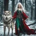 Lady of the Wild Hunt in action. Attractive slender woman with long white hair, emerald green eyes, red lips. Fierce expression. Dressed in viking dress. Frost on the ground. Standing next to large aggressive wolf., Full Body, Photo Realistic