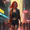 full body shot, beautiful woman walking with beatiful and detailed eyes, dynamic pose, slightly athletic beatiful body, medium-sized chest, detailed attire, Hyper Detailed, Intricate Artwork, Masterpiece, Cybernatic and Sci-Fi, Cyberpunk, Freckles, Full Lips, Red Hair, Smiling, Digital Illustration, Cityscape, Blade Runner 2049, Neon light effect, Realistic, Sharp Focus, Wide Angle, Neon, Dripping Colors, Matte, Futurism, Artwork, Dieselpunk, Colorful, Dynamic, Elegant, Expressive, Graceful, Hot, Gloomy, Sad, Stormy, Terrifying, Tired