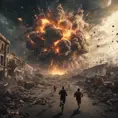 a mass explosion on earth that destroys all of humanity, scary, massive explosion, humans running away from it, 8k, Dystopian, Dark