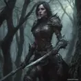 Female warrior in a haunted forest, Highly Detailed, Intricate, Gothic, Volumetric Lighting, Fantasy, Dark by Stanley Artgerm Lau