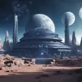 Distant view of a large round indigo temple in the center of a futuristic community. Extraterrestrial landscape. The moon and stars can be seen in the sky even during the day., 8k, Sci-Fi