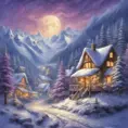 Charming fairy tale village, snow-covered decorated Christmas trees, warm inviting cabin, snowflakes, mountains with waterfall, soft light far-away full moon, glitter, stars, stardust, electric blue and purple sky, Digital Painting, Sharp Focus, Vibrant Colors, Hyper Realistic by Thomas Kinkade