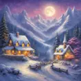 Charming fairy tale village, snow-covered decorated Christmas trees, warm inviting cabin, snowflakes, mountains with waterfall, soft light far-away full moon, glitter, stars, stardust, electric blue and purple sky, Digital Painting, Sharp Focus, Vibrant Colors, Hyper Realistic by Thomas Kinkade