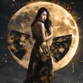 Full body back of an Asian goddess in a black and gold backless dress holding a fan in one hand. A fantastically large moon background, detailed gorgeous face, natural skin, fire and ice, splatter, black ink, liquid melting, dreamy, glowing, glamour, glimmer, shadows, ominous, golden ratio, production cinematic character render, ultra high quality model, 8k, Highly Detailed, Intricate, Masterpiece, Oil on Canvas, Sharp Focus, Smooth, Unreal Engine, Glamour Shot, Vibrant Colors, Ominous